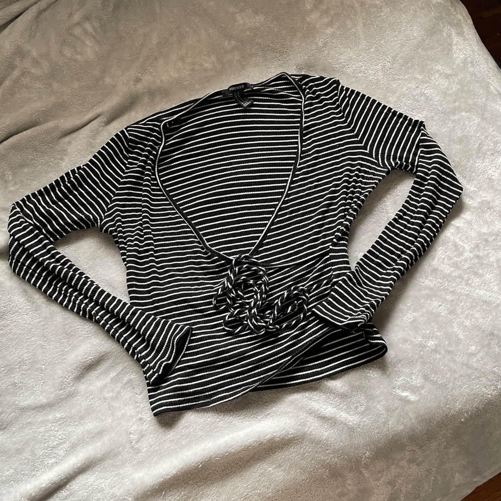 Forever 21 Black & White Striped Tie Top